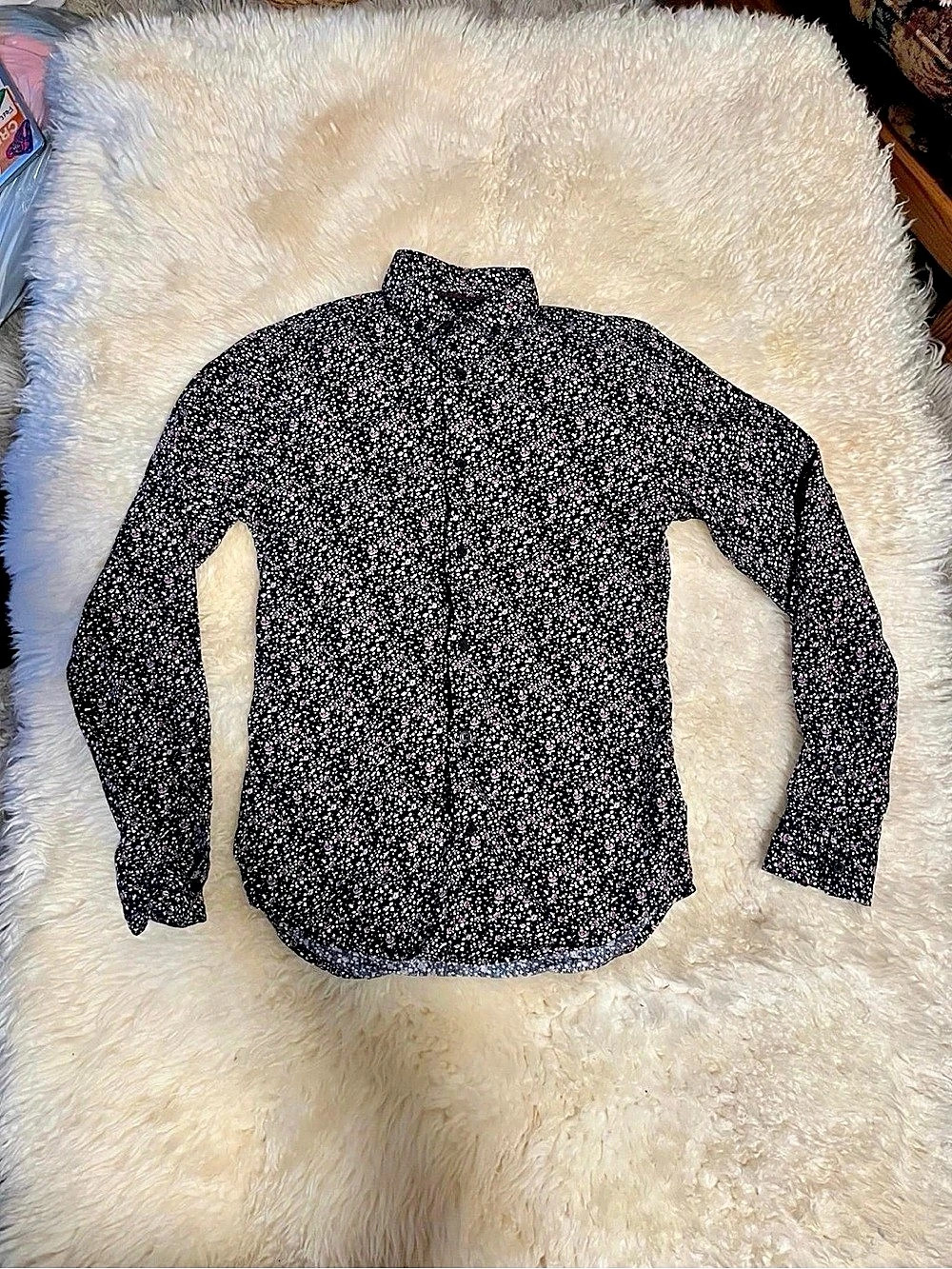 River Island Men's Black and Purple Floral Button up Long Sleeve Shirt Size XXS